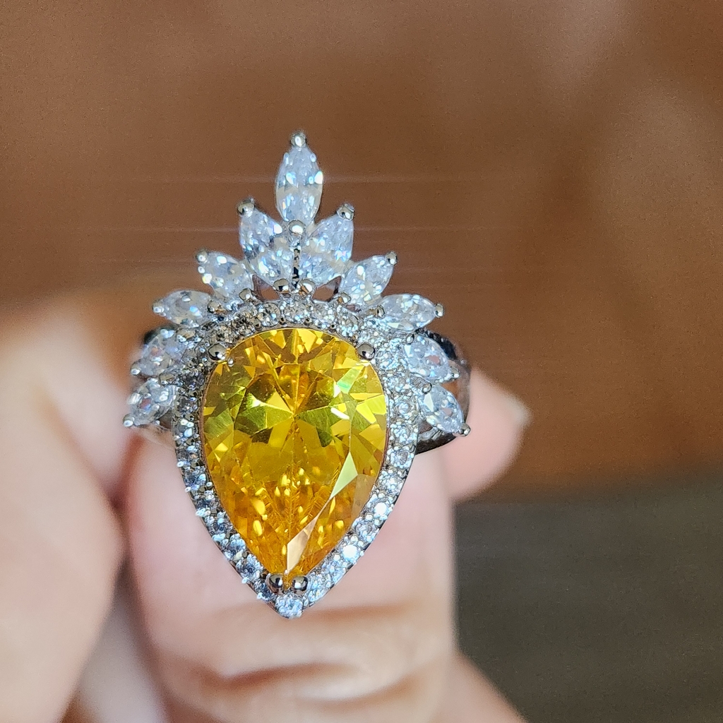New 925 Silver Pear Cut Citrine Diamond Ring For Women